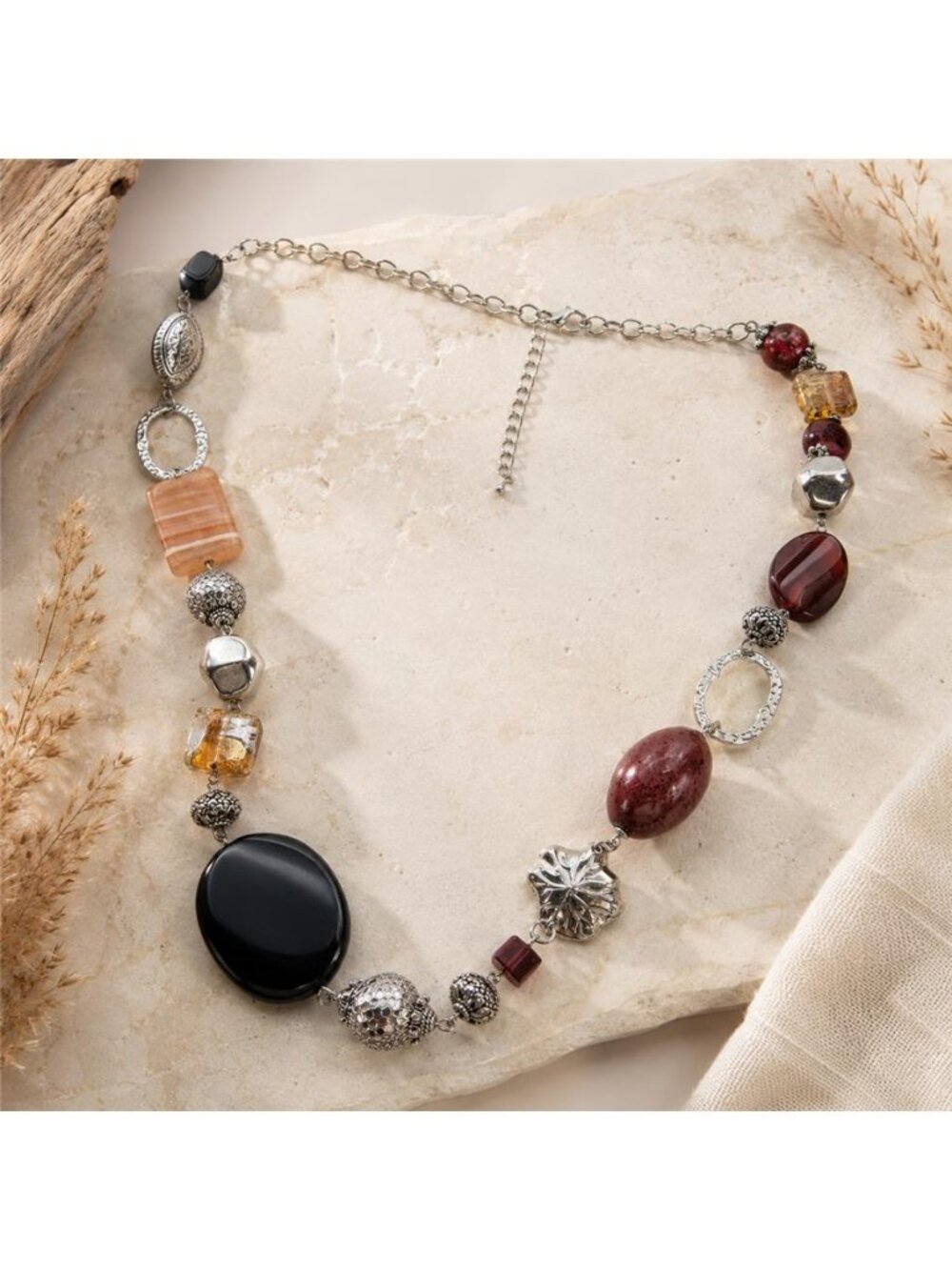 Premier Designs Asymmetrical Statement Necklace Glass Beads Silver Tone 33 in